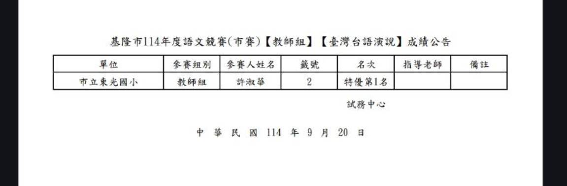 狂賀!! 許淑華教師榮獲基隆市語文競賽 台灣台語演說教師組 特優第一名!!